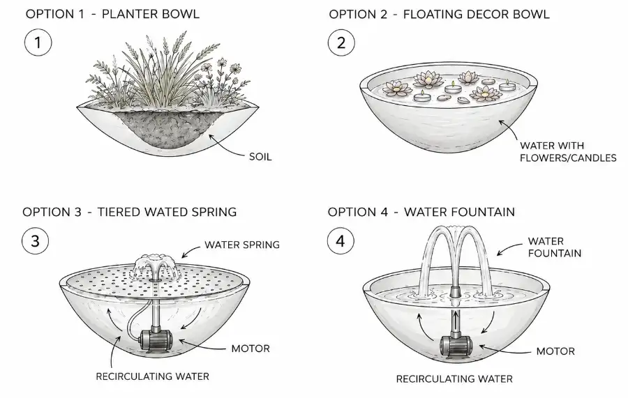 Four ways to use the bowl: planter bowl, floating decor bowl, tiered water spring, water fountain