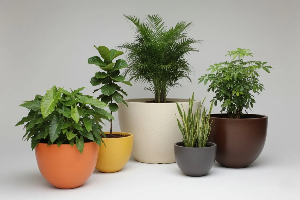 Assorted cast stone planters with green plants on a studio backdrop